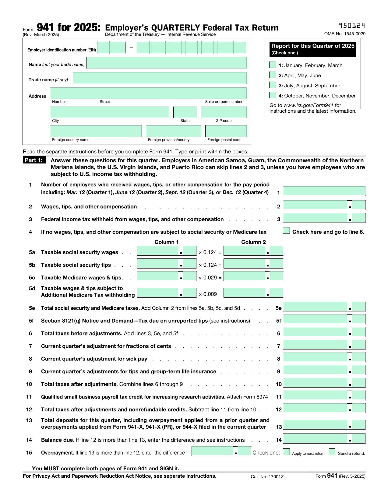 EmployerS Quarterly Federal Tax Return (Form 941) screenshot