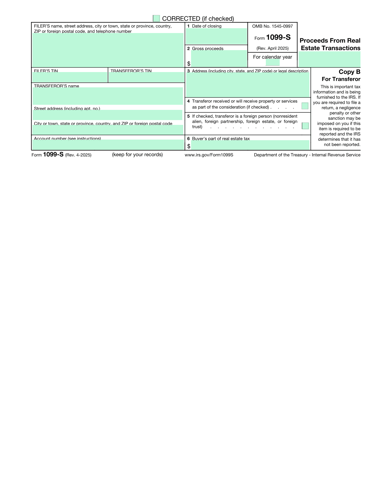 Proceeds From Real Estate Transactions (Form 1099 S) screenshot